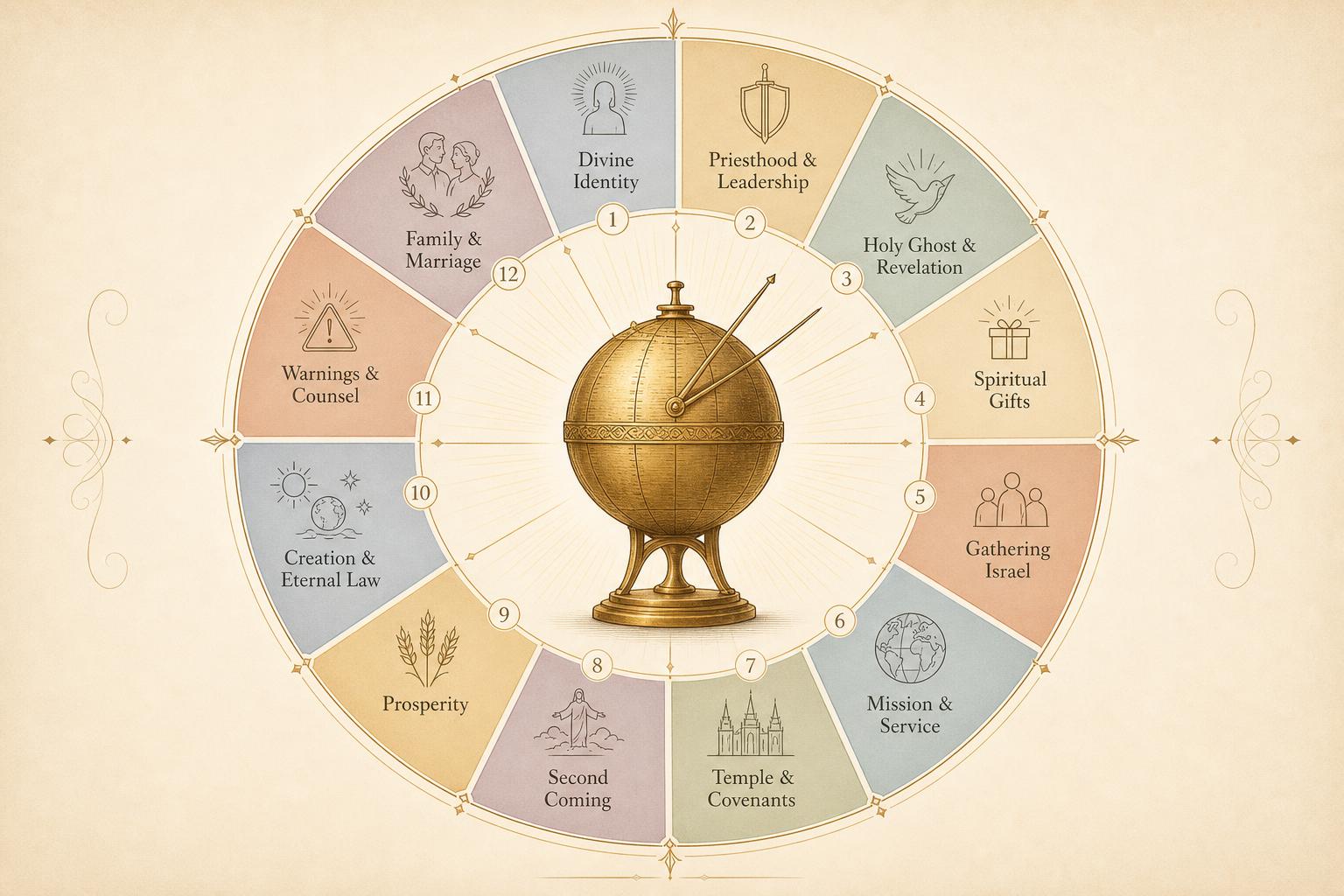 Illustrated Liahona Map showing twelve simplified Patriarchal Blessing categories arranged around a central brass Liahona sphere
